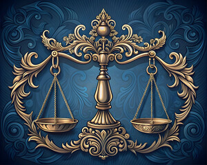 Wall Mural - a scale of justice, featuring detailed engravings and ornate design elements, set against a rich blue background for an elegant look.