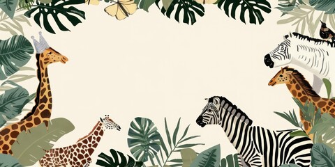 Poster - Giraffes and zebras with jungle leaves frame.