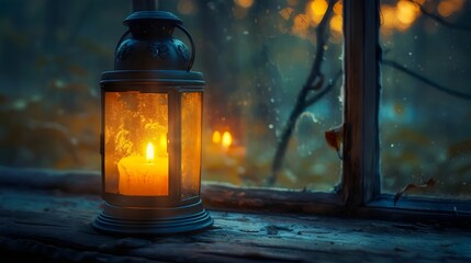 Wall Mural - A candle is lit in a lantern, casting a warm glow on the surrounding area