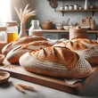 © R-CHUN - Artisan bread loaves with golden crusts displayed on a wooden cutting board.