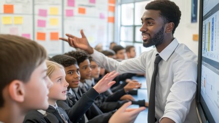 an it lesson in a modern classroom, with students eagerly participating and a teacher explaining com
