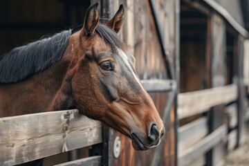 a single horse s head from a paddock on a farm for equestrian sports