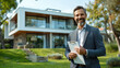 © SERHII - Smiling real estate agent holding clipboard in front of modern house with lush greenery. Concepts of property sales, professional services, and residential architecture.
