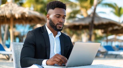 Poster - A man wearing a suit and tie is sitting at a table with a laptop in front of him. He is working on the laptop, possibly for a business meeting or project. The beach setting adds a relaxed