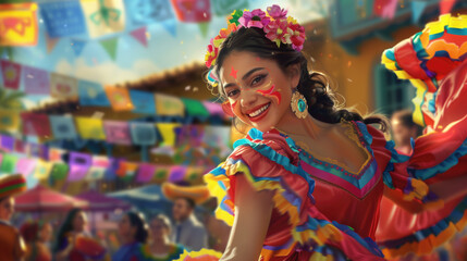 Smiling woman in colorful traditional attire dancing at a vibrant festival with festive decorations. Concepts of cultural celebrations, joy, and lively community gatherings.