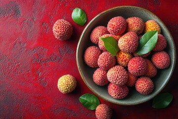 fresh lychees in ceramic bowl on vibrant red background high contrast macro details of fruit texture minimalist food photography