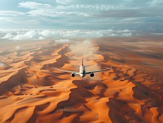 Poster - Aerial View of Airplane Soaring Over Vast Desert Landscape with Dunes