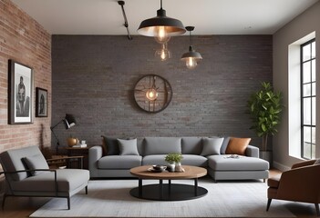 A modern living room with a brick wall, gray sofas, a round coffee table, and industrial-style lighting fixtures