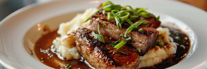 Sticker - Close up of plate with baked pork mashed potatoes and green scallion