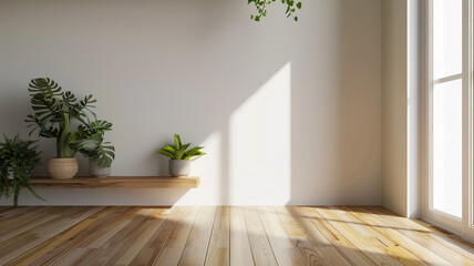 Wall Mural - a modern minimalist room with a wood floor and white wall background