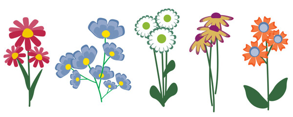 Wall Mural - A set of five cartoon-style flowering plants. Vector illustration for postcard, banner, cover, textile design