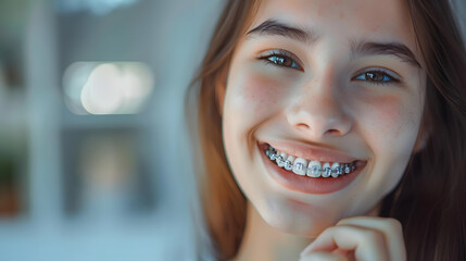 Wall Mural - Woman with dental braces cleaning teeth