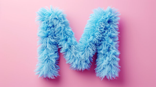The letter M is made of fluffy blue hair