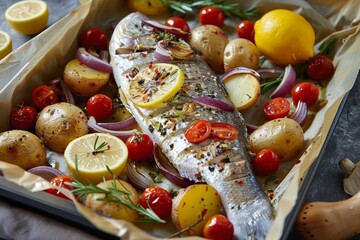 Fresh seabass marinated with sweet onions lemon potatoes cherry tomatoes and rosemary ready to bake in the oven