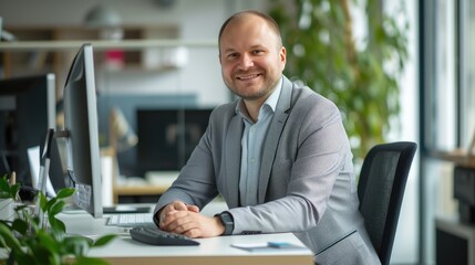 Wall Mural - Smiling Man Using Laptop in Contemporary Office