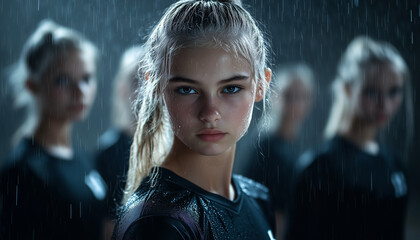 Teenage girl sport team in the rain