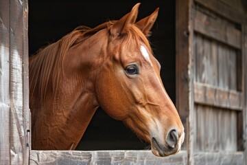 Horse peeking out of barn stall