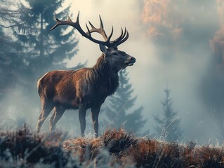 Poster - Majestic Stag Stands Tall in Misty Forest Landscape