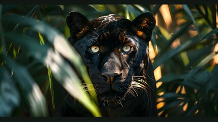 Sticker - Sleek Black Panther Emerging from Jungle Shadows with Glowing Eyes and Glistening Coat