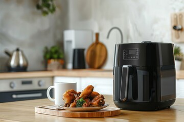 Kitchen table with black fryer mug dish tray and fried chicken wings with white wall background