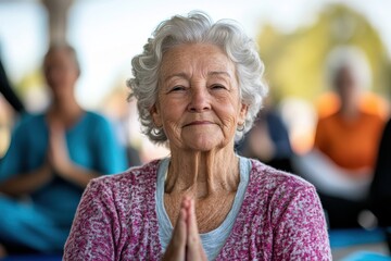 Wall Mural - An older woman is smiling while in a prayer position as part of an outdoor yoga meditation class. Participants in the background engage in peaceful mindfulness exercises.