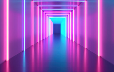 Poster - Modern art installation with vibrant pink and blue neon lights forming an infinite geometric tunnel, creating a futuristic and mesmerizing visual effect.