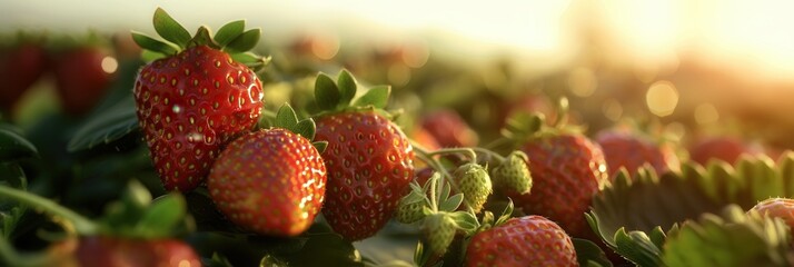 Canvas Print - strawberry plant with fruit in plantation farm field