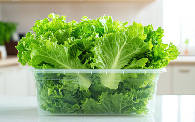 Wall Mural - Fresh green lettuce leaves in a transparent plastic container on a white kitchen counter, ready for healthy meal preparation.