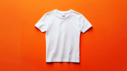 A white t-shirt is laying on an orange background