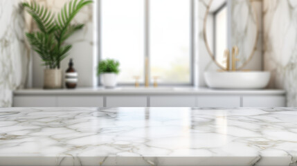 Elegantly designed bathroom interior featuring marble countertops, a round mirror, gold fixtures, and lush green plants creating a luxurious ambiance.