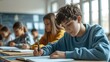 © Andrii  - Smiling School Boy Writing in Classroom with Friends