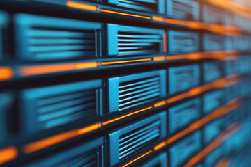 Poster - Close-up view of server racks with cool blue and orange lighting, highlighting the technology and network infrastructure in a data center environment.