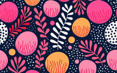 Poster - Colorful abstract pattern featuring vibrant circles, dots, and leaves on a dark background, perfect for modern design projects.