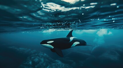 Wall Mural - majestic orca whale swimming near surface