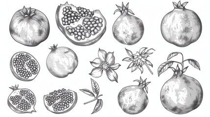 Artistic line drawing of fresh pomegranate fruit