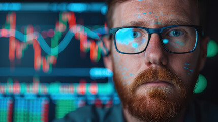 Poster - Focused man with glasses analyzing stock market data on multiple monitors, reflecting graphs and charts on his face. Financial trading and technology concept.