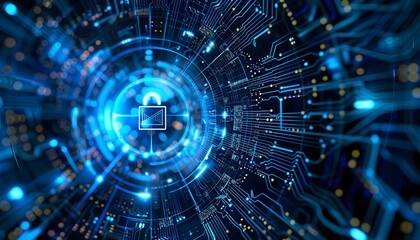 Poster - Digital lock security concept with futuristic circuit board and glowing lines, representing cybersecurity, data protection, and digital technology.