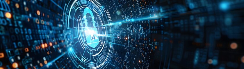Poster - Digital security padlock surrounded by futuristic technological elements symbolizing cybersecurity and data protection in a digital world.