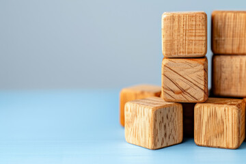 Poster - Wooden cubes stacked on a blue surface with a soft gradient background, highlighting texture and simplicity. Perfect for themes of balance and structure.