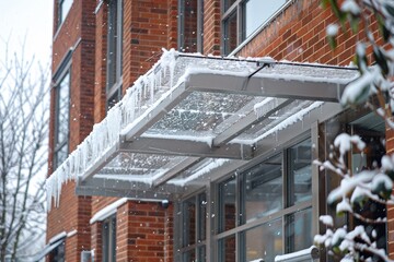 Recent snowfall leaves thick layer on modern brick building s awning