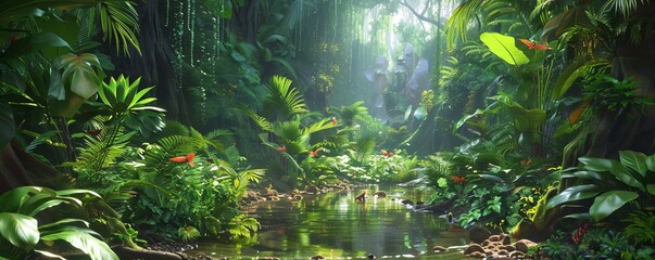 Tropical rainforest with vibrant wildlife, 4K hyperrealistic photo