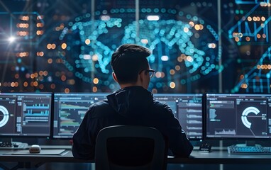 Poster - Cybersecurity analyst at workstation monitoring multiple screen data and network activity in a modern command center with digital interface.
