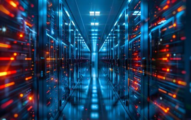 Poster - Data center server room with blue and red lights, representing modern technology infrastructure and internet data storage.