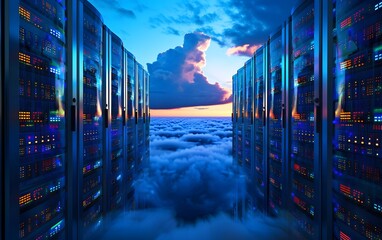 Poster - Data servers in a futuristic setting with a colorful sunset sky above the clouds, representing cloud computing and data storage technologies.
