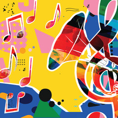 Wall Mural - Colorful G-clef with gramophone horn isolated vector illustration design. Music background. Retro phonograph horn with music notes, music festival poster, concert events, party flyer