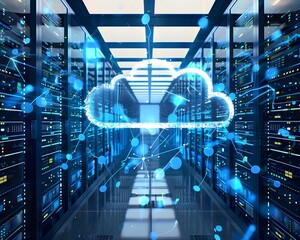 Poster - Digital cloud technology concept with server room background, illustrating modern data storage, cloud computing, and network infrastructure.