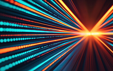 Poster - Dynamic abstract light trails creating a vibrant, futuristic scene with orange and blue hues, representing speed, technology, and energy.