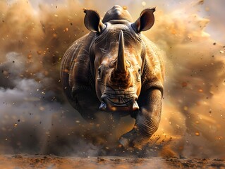 powerful rhino charging across the savannah raising dust in its wake wildlife portrait concept