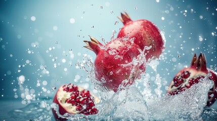 Water splash with fresh pomegranate fruit juice and seed