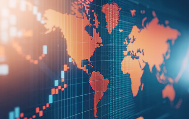 Poster - digital world map with data overlay, showcasing interconnected continents and information flow. abst